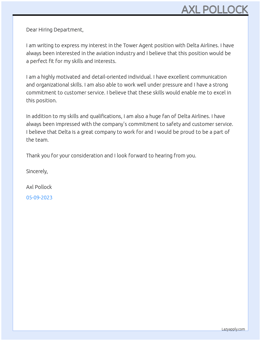 Tower Agent  At Delta Airlines  Cover Letter
