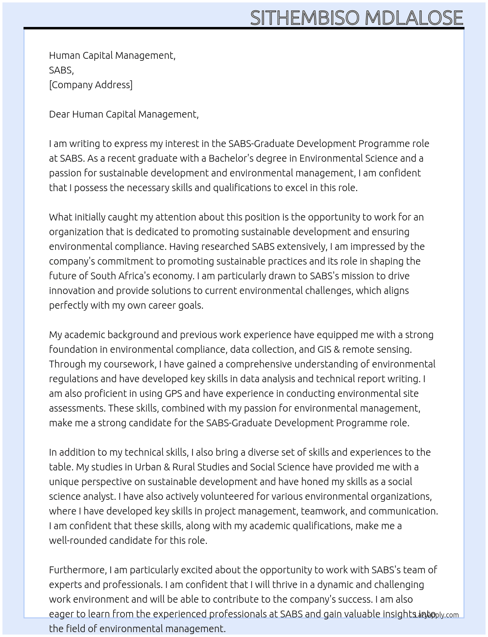 SABS-Graduate Development Programme At SABS Cover Letter
