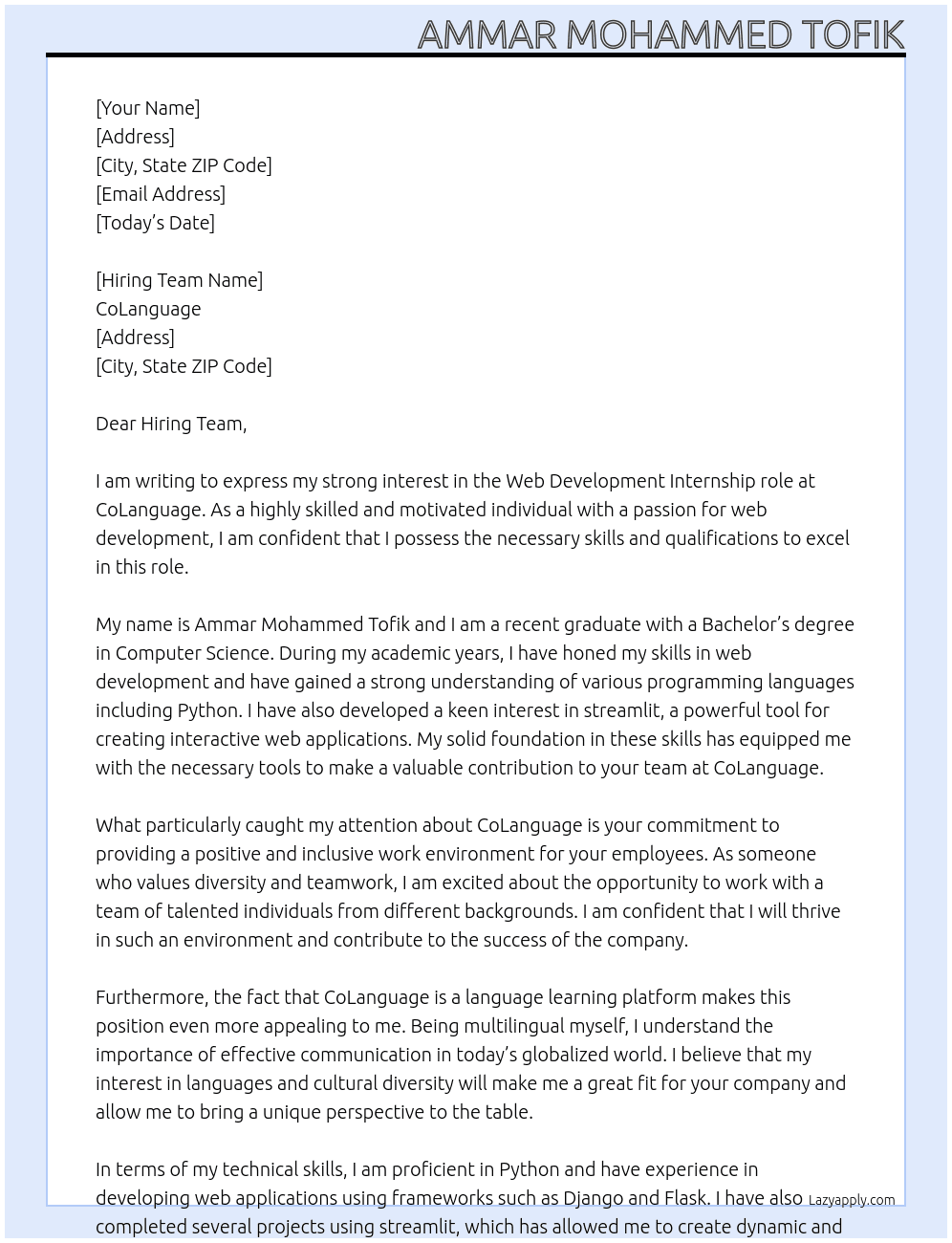 Web development At CoLanguage Cover Letter