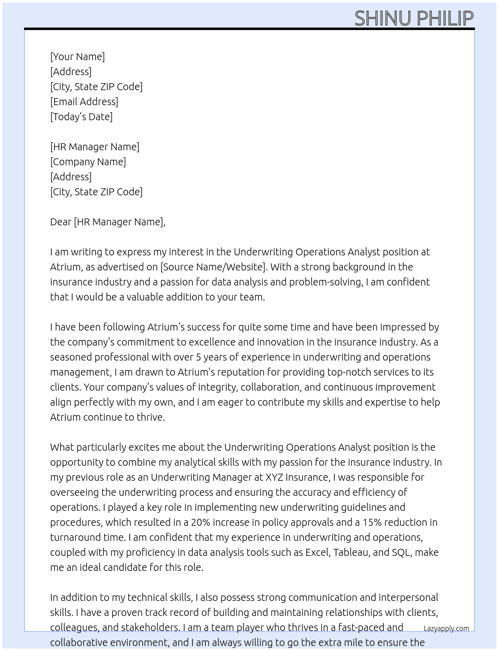 Underwriting Operations Analyst At Atrium Cover Letter