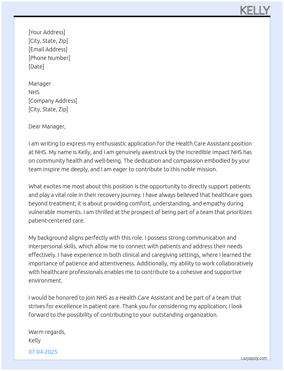 Health care assistant At NHS Cover Letter