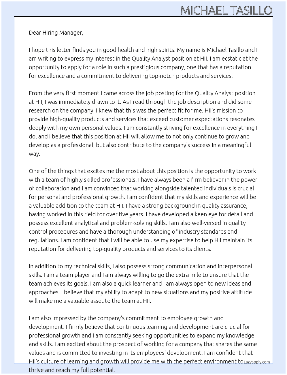 Quality Analyst At HII Cover Letter
