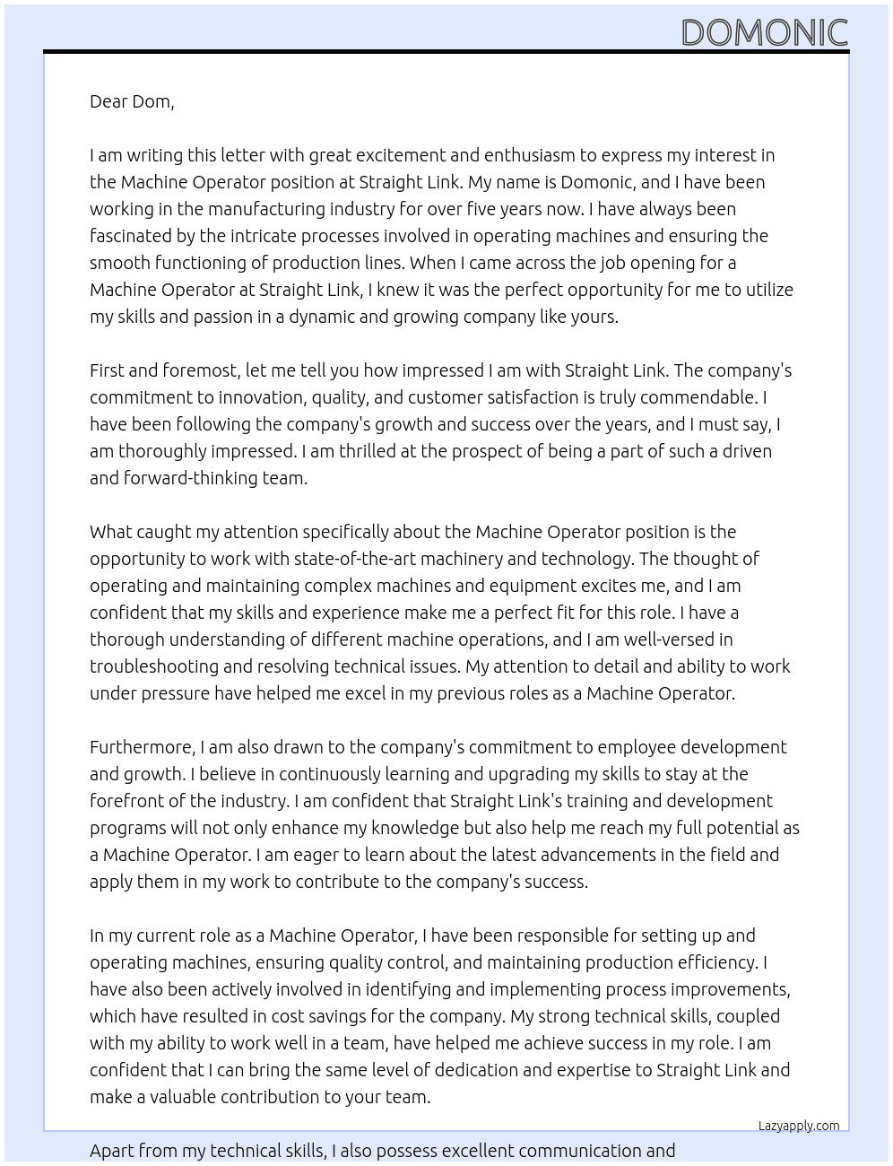 Machine Operator At Straight Link Cover Letter