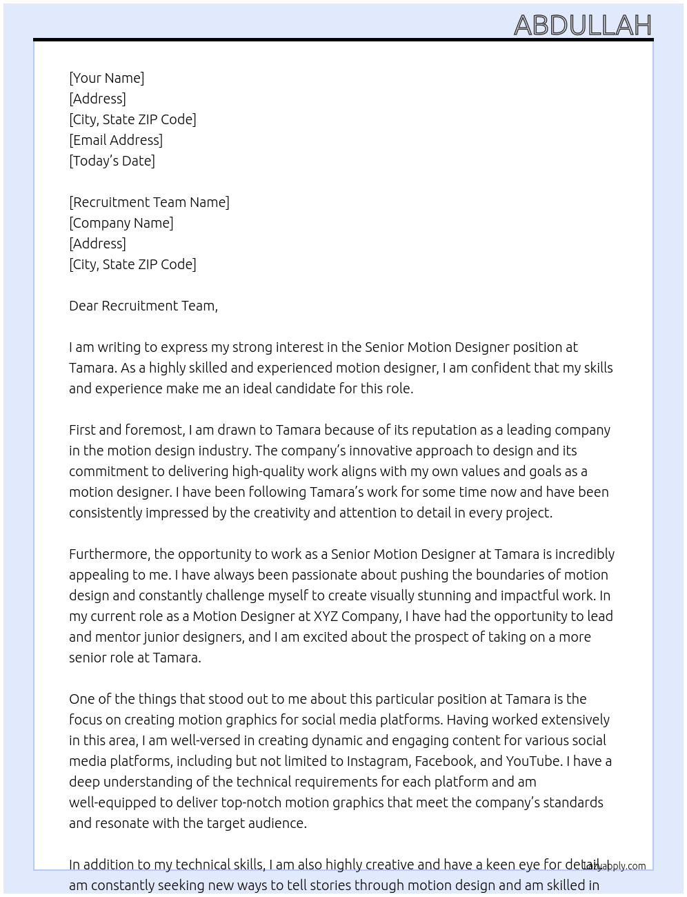 Senior Motion Designer At tamara Cover Letter