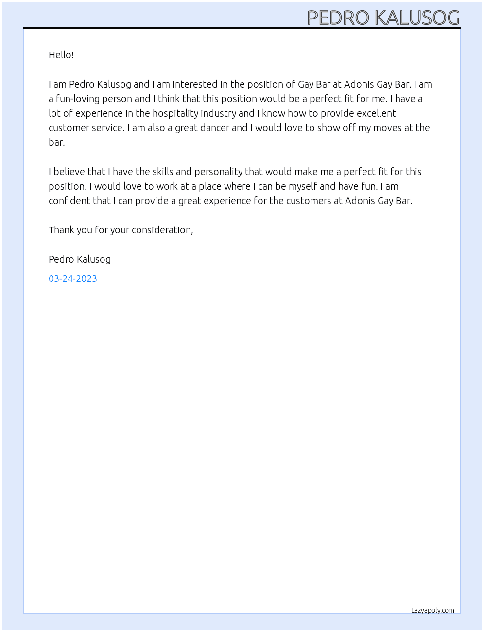 Gay bar At Adonis gay bar Cover Letter