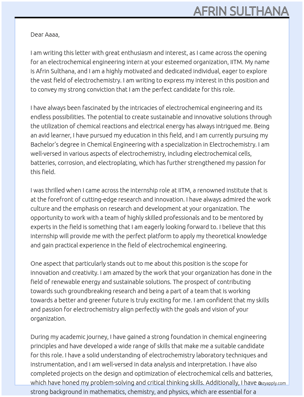 electrochemical engineering At IITM Cover Letter