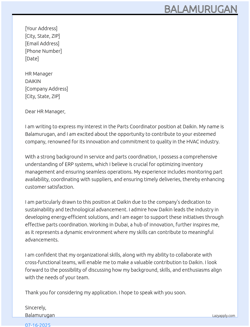 Parts coordinator At DAIKIN Cover Letter