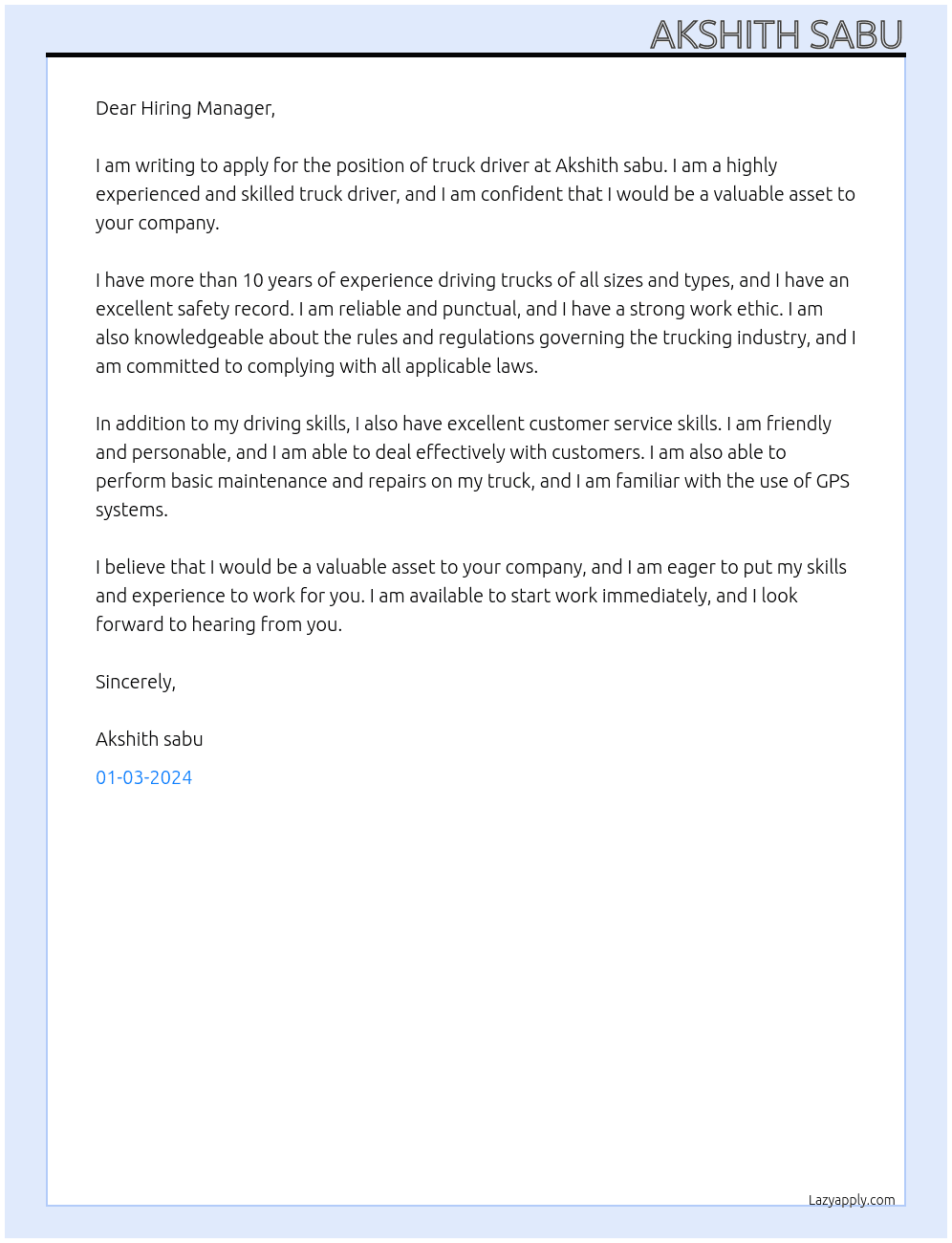 Truck driver At Akshith sabu Cover Letter