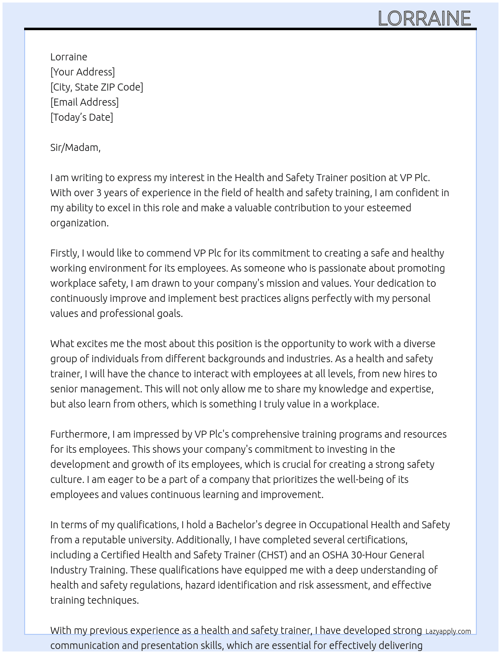 Health and Safety Trainer At VP Plc Cover Letter