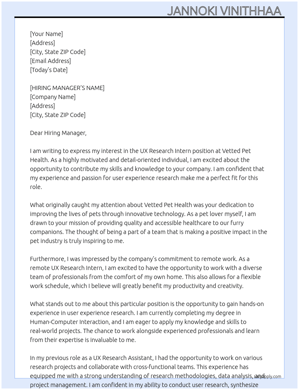 UX Research Intern (Remote) At Vetted Pet Health Cover Letter