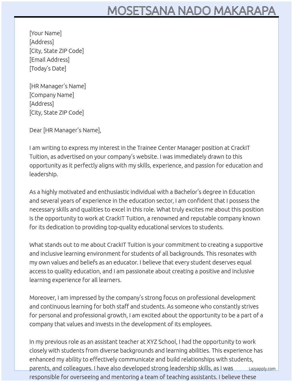 Trainne center manager At CrackIT tuition  Cover Letter