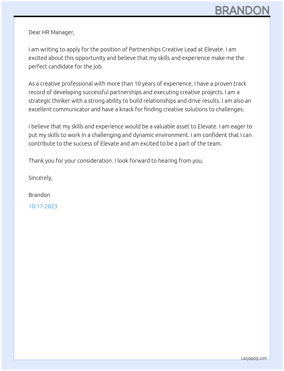 Partnerships Creative Leads At Elevate Cover Letter