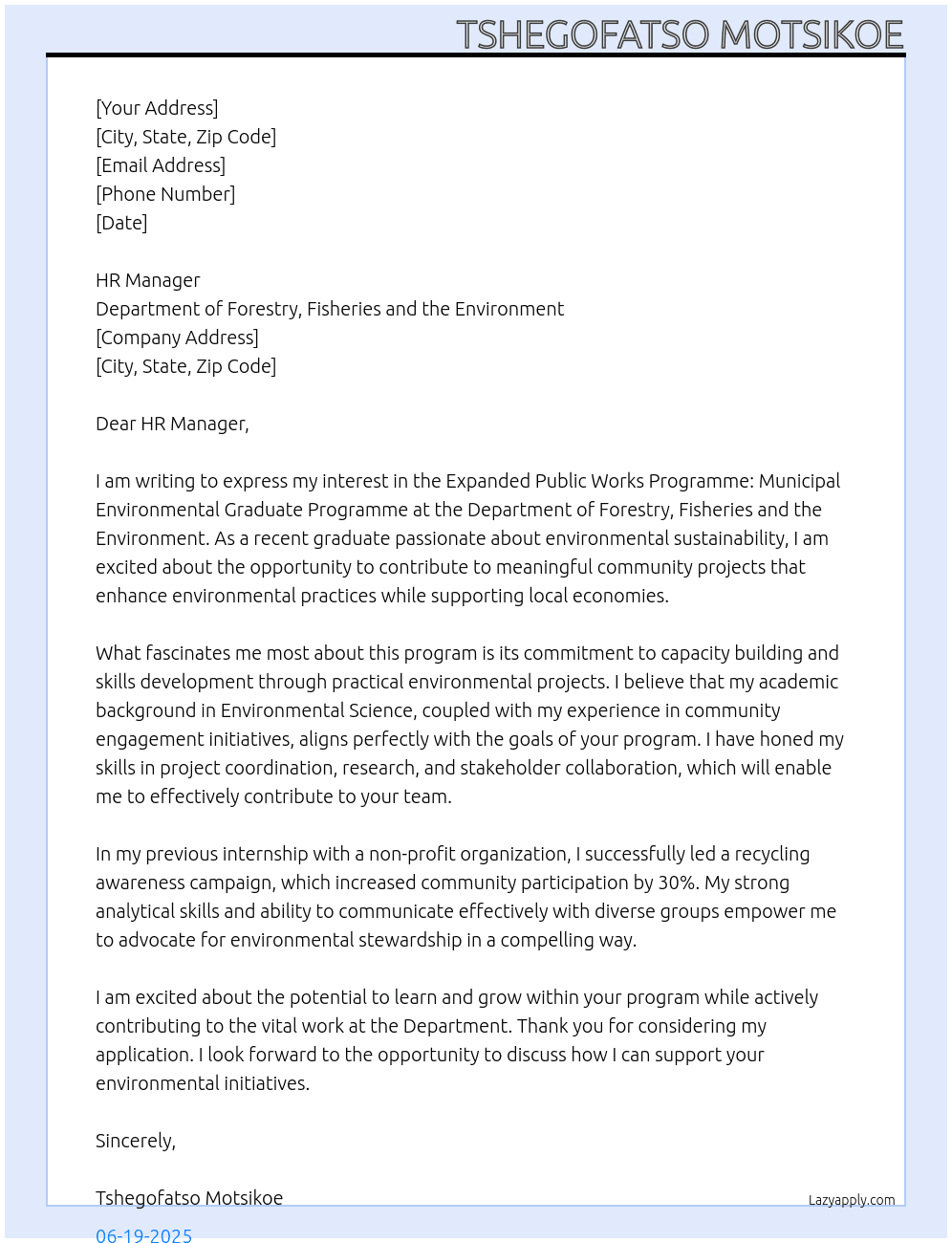 EXPANDED PUBLIC WORKS PROGRAMME: Municipal Environmental Graduate Programme  At Department of Forestry, Fisheries and the Environment  Cover Letter