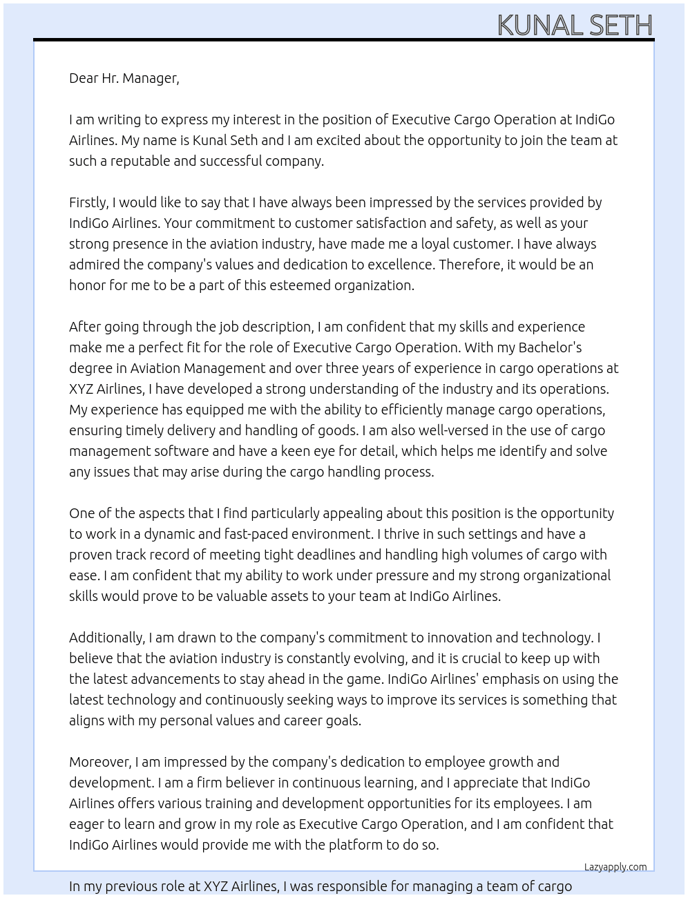 Executive Cargo Operation  At IndiGo Airlines  Cover Letter