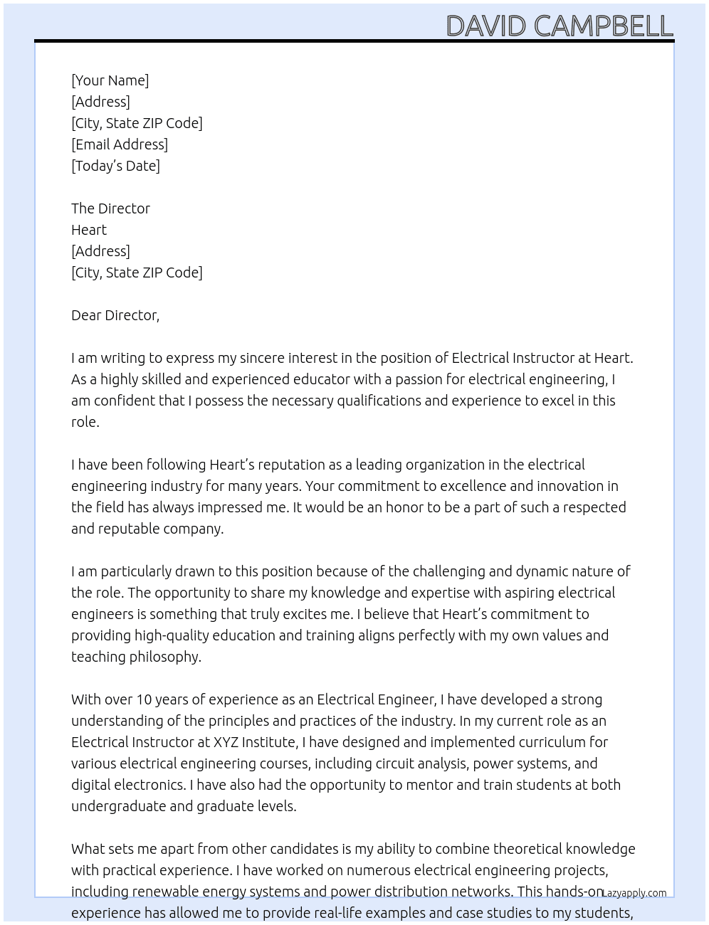 Electrical Instructor At Heart  Cover Letter