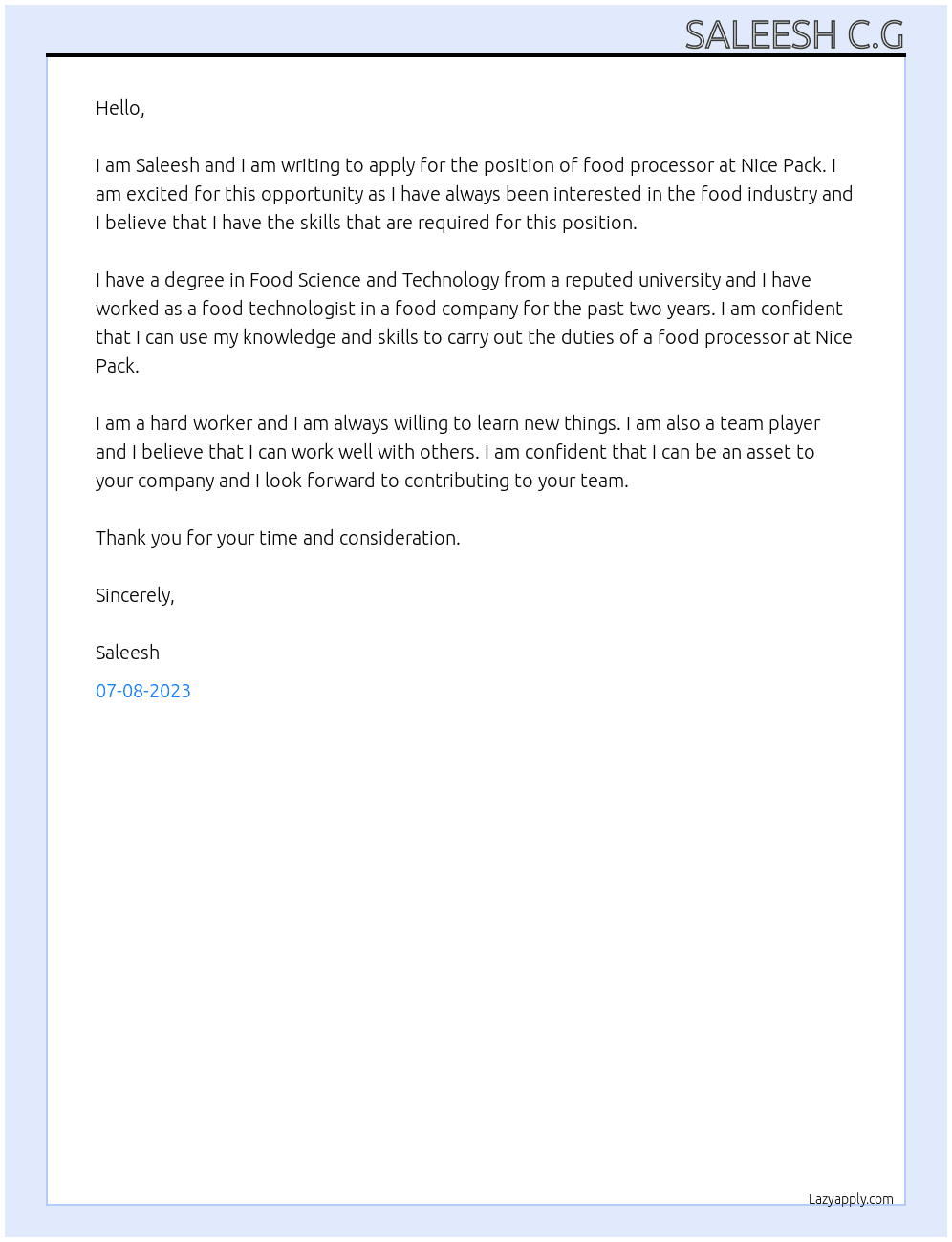 Food processor At Nice pack Cover Letter