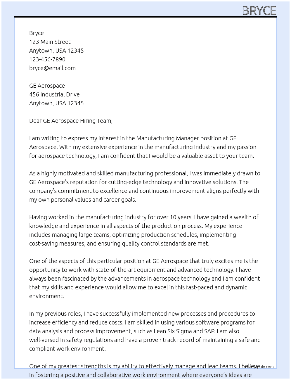 Manufacturing Mananger At GE Aerospace Cover Letter