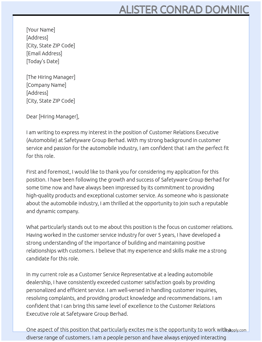 CUSTOMER RELATIONS EXECUTIVE(AUTOMOBIILE) At SAFETYWARE GROUP BERHAD Cover Letter
