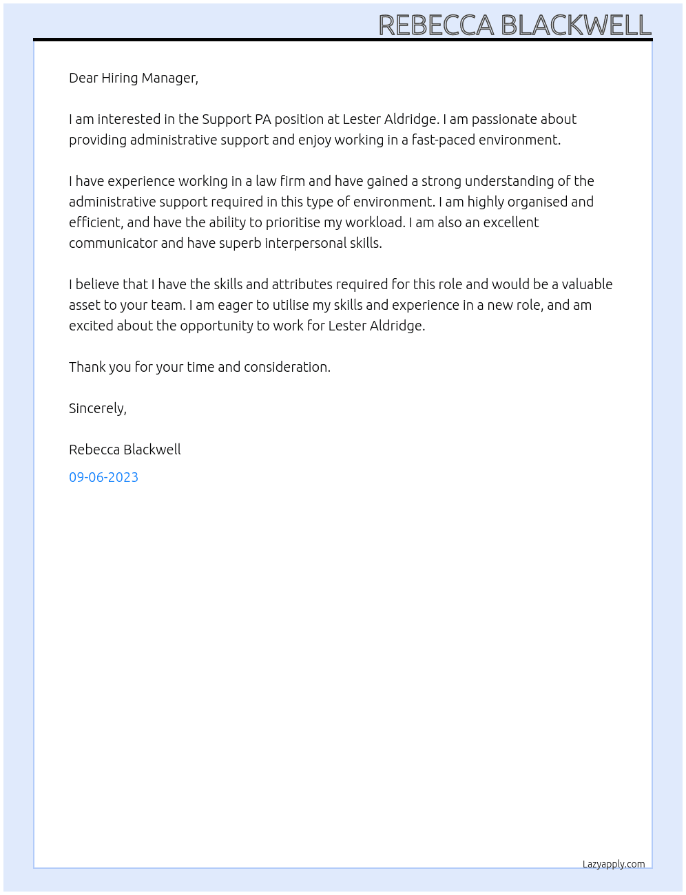 Support PA At Lester Aldridge Cover Letter