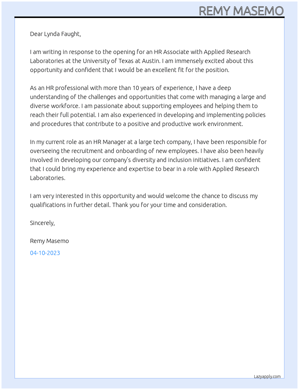 Applied Research Laboratories At University of Texas at Austin Cover Letter