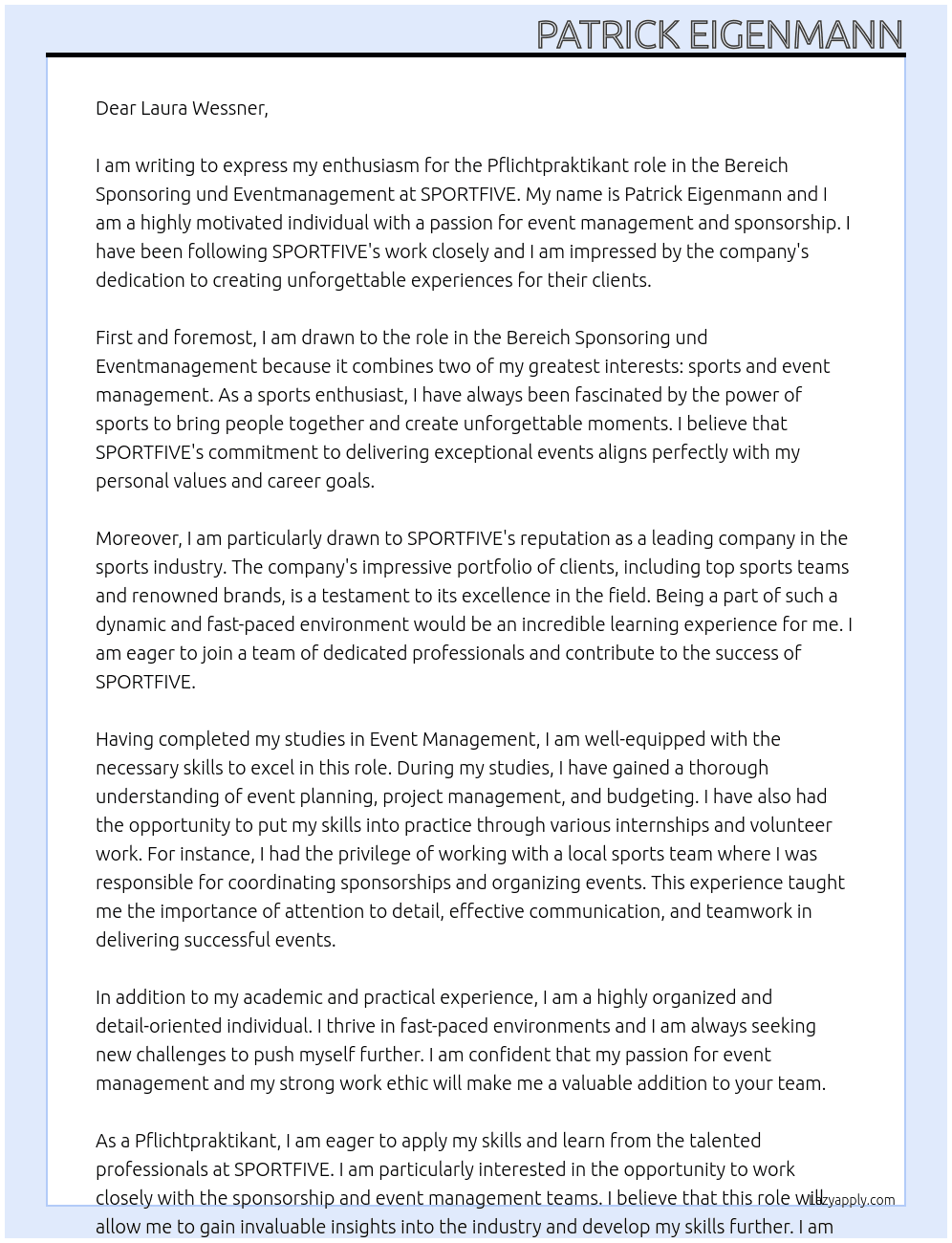  im Bereich Sponsoring und Eventmanagement At SPORTFIVE Cover Letter