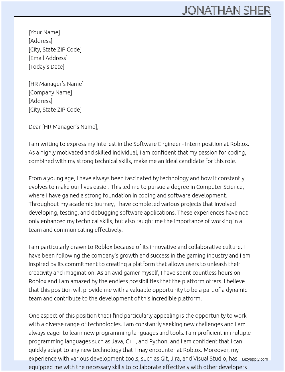 Software Engineer - Intern At Roblox Cover Letter
