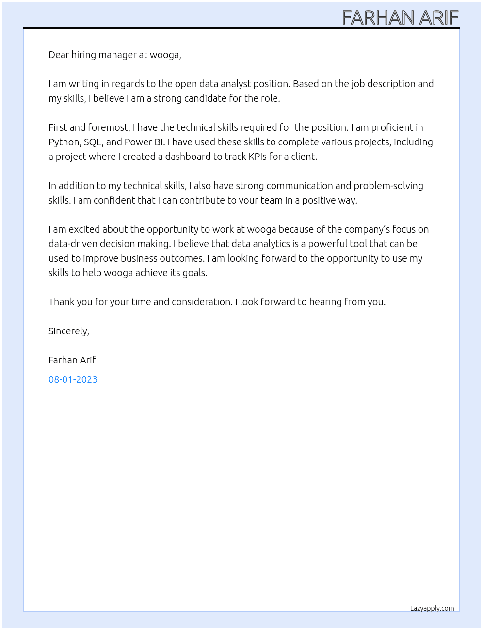 data analyst At wooga Cover Letter