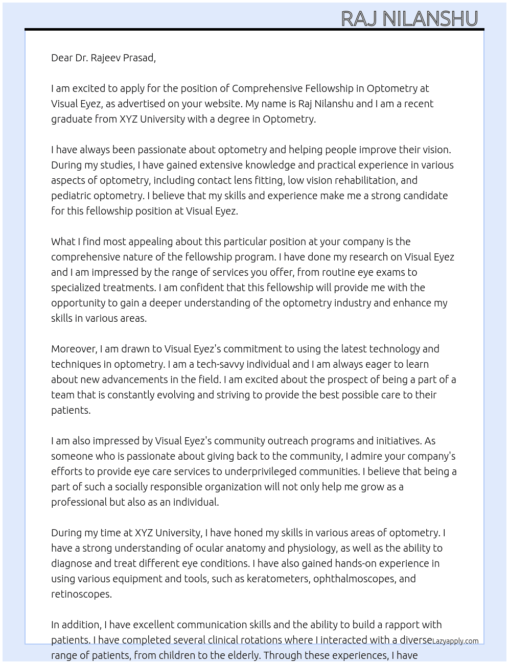 Comprehensive fellowship in optometry  At Visual eyez Cover Letter