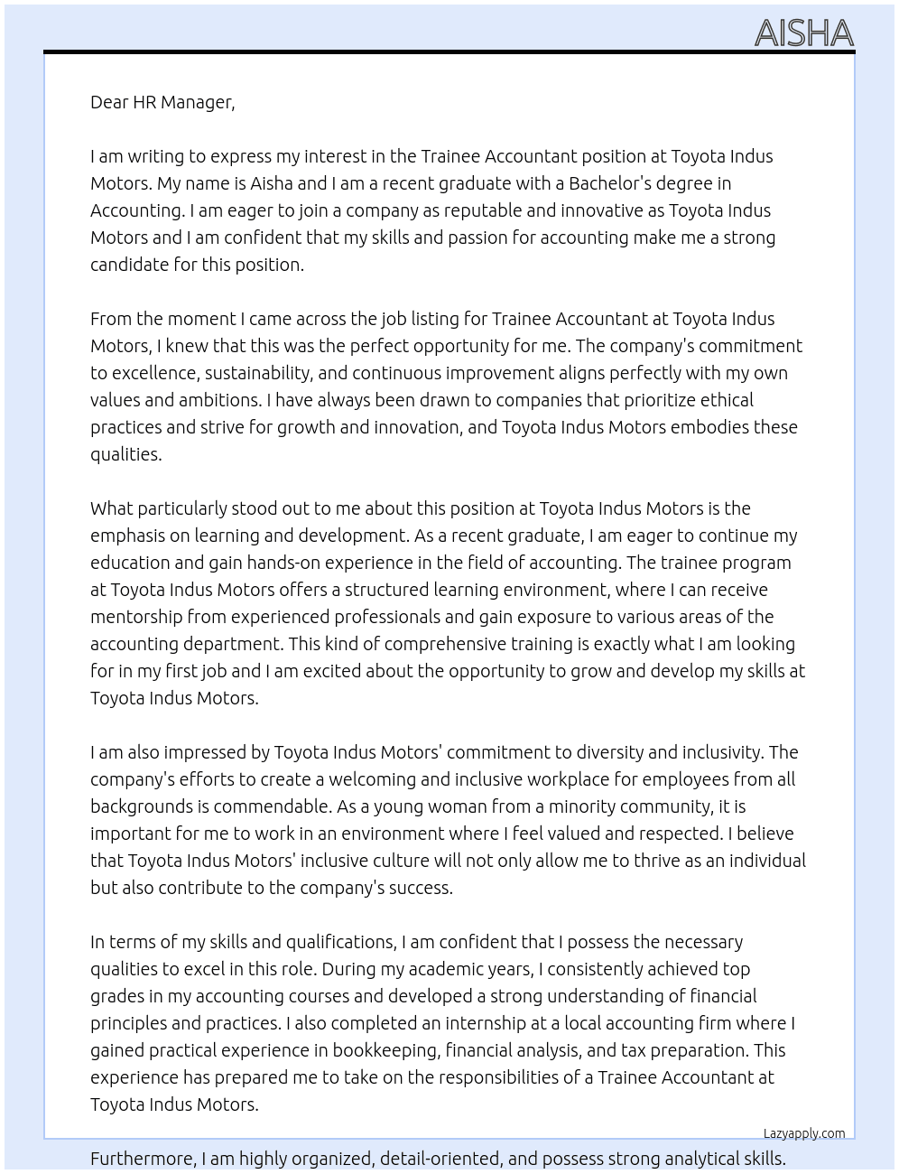 Trainee accountant At Toyota Indus Motors Cover Letter