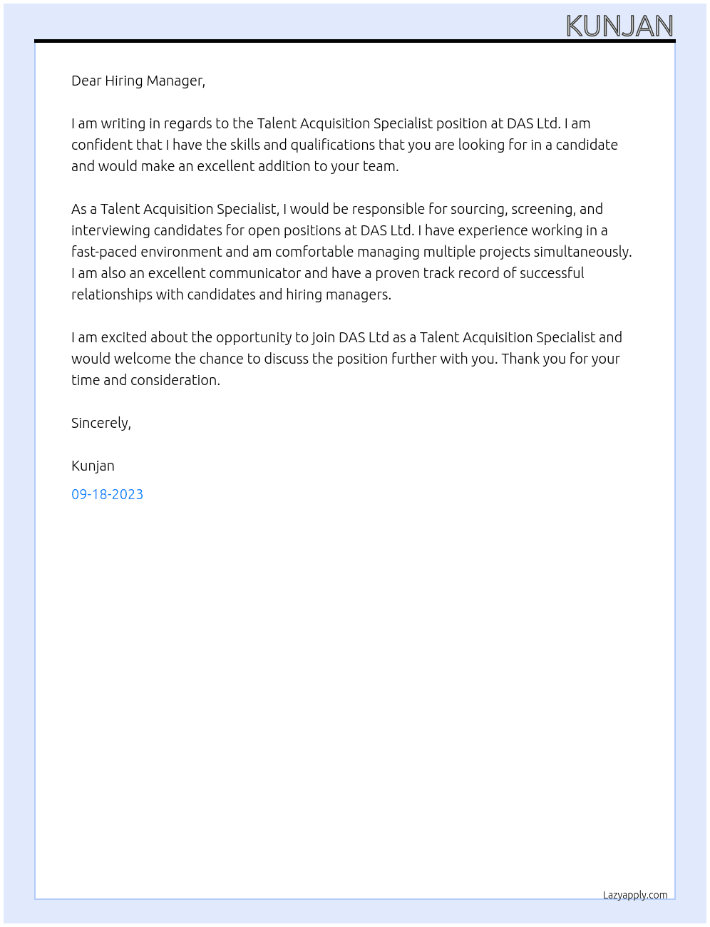 Talent Acquisition Specialist  At DAS Ltd. Cover Letter