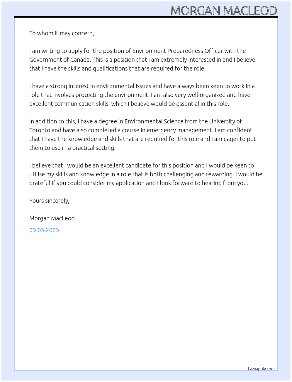 Environment Preparedness Officer At Government of Canada Cover Letter
