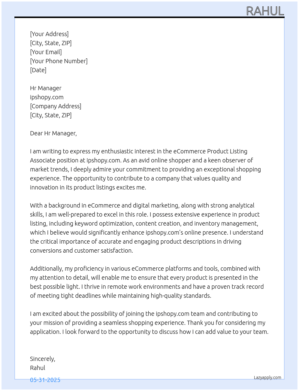-commerce Product Listing Associate (Work from Home) At ipshopy.com Cover Letter