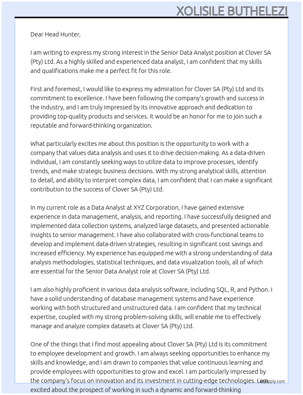 Senior data analyst At Clover SA (Pty) Ltd Cover Letter
