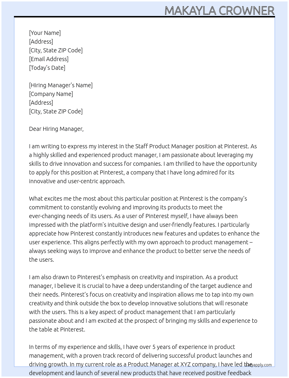 Staff Product Manager At Pinterest Cover Letter