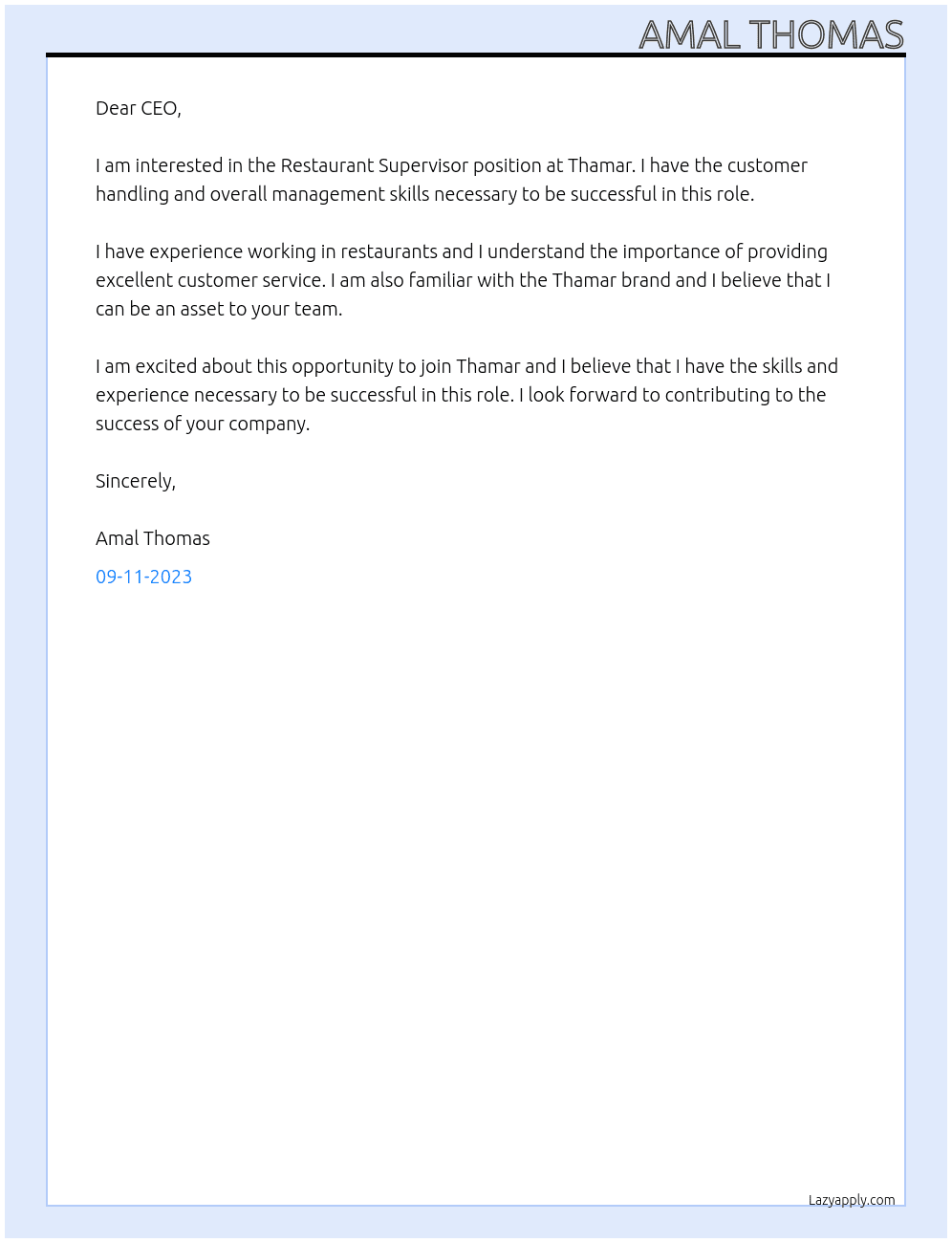 Restaurant Supervisor  At Thamar Cover Letter