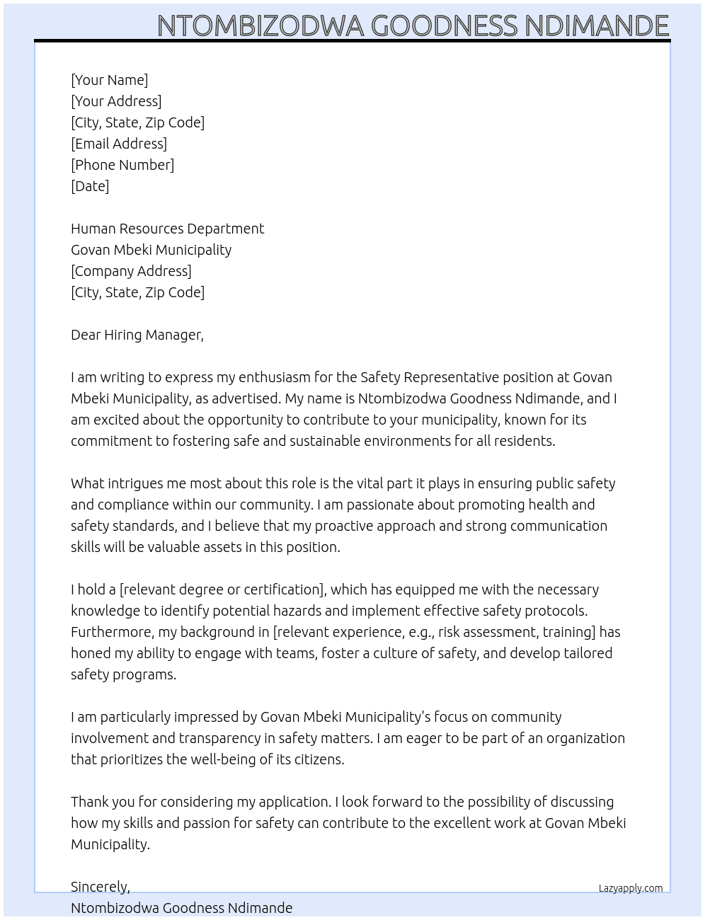 Cover letter for safety representative - LazyApply