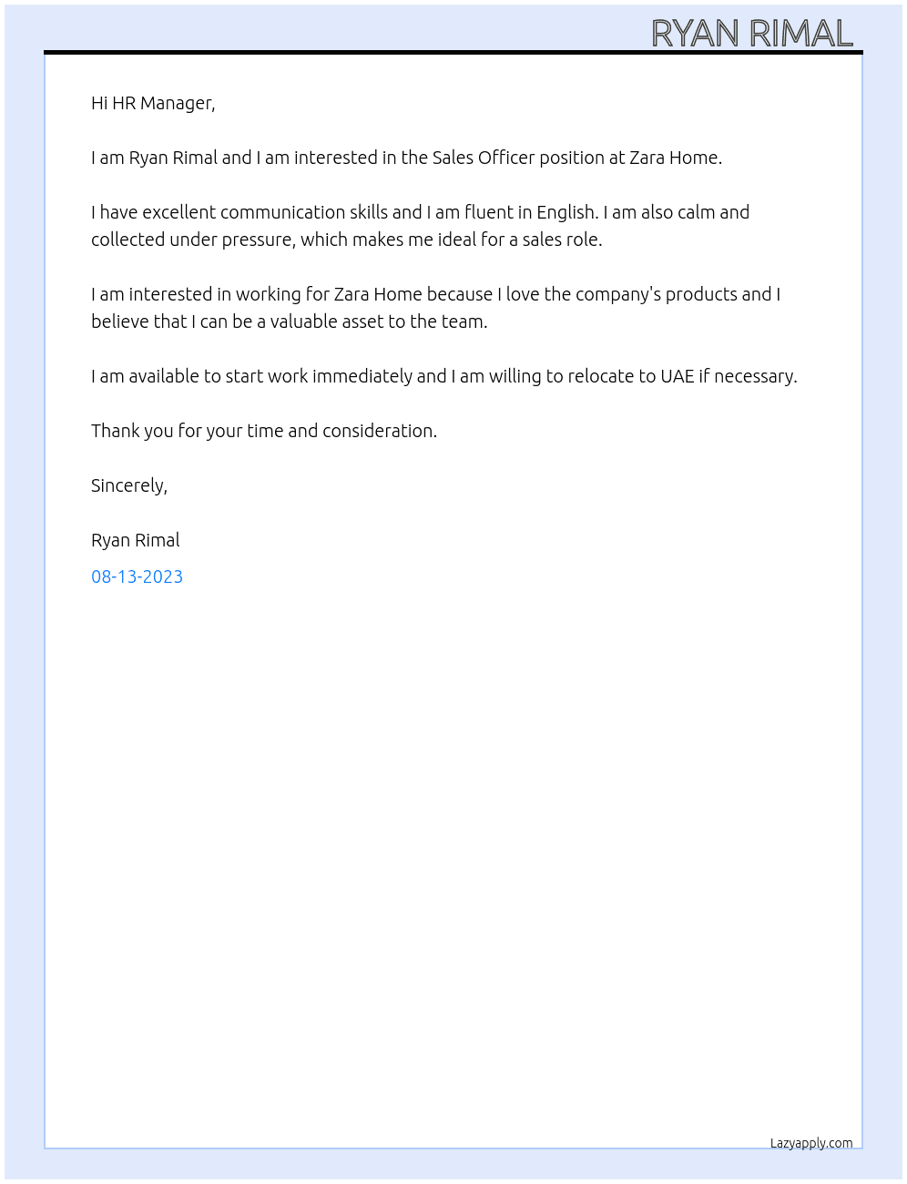 Sales officer  At Zara home  Cover Letter