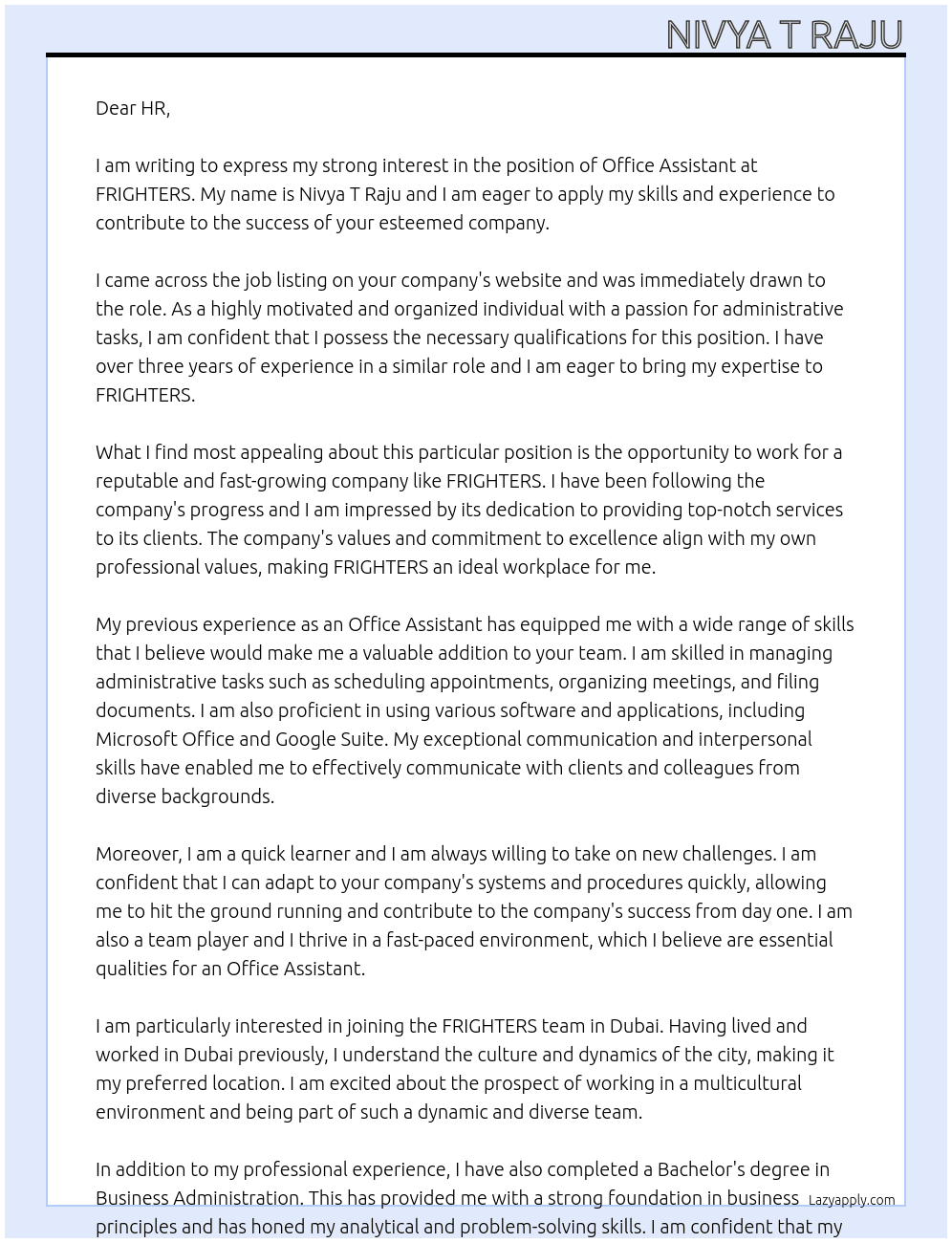 Office Assistant  At FRIGHTERS Cover Letter