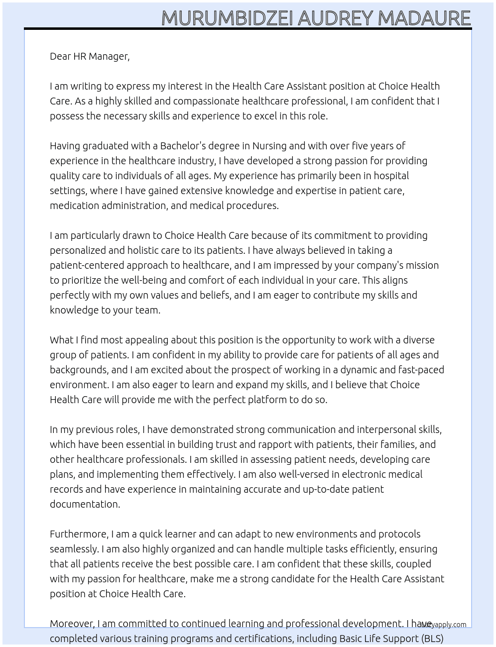 Health Care Assistant  At Choice Heatlh care Cover Letter