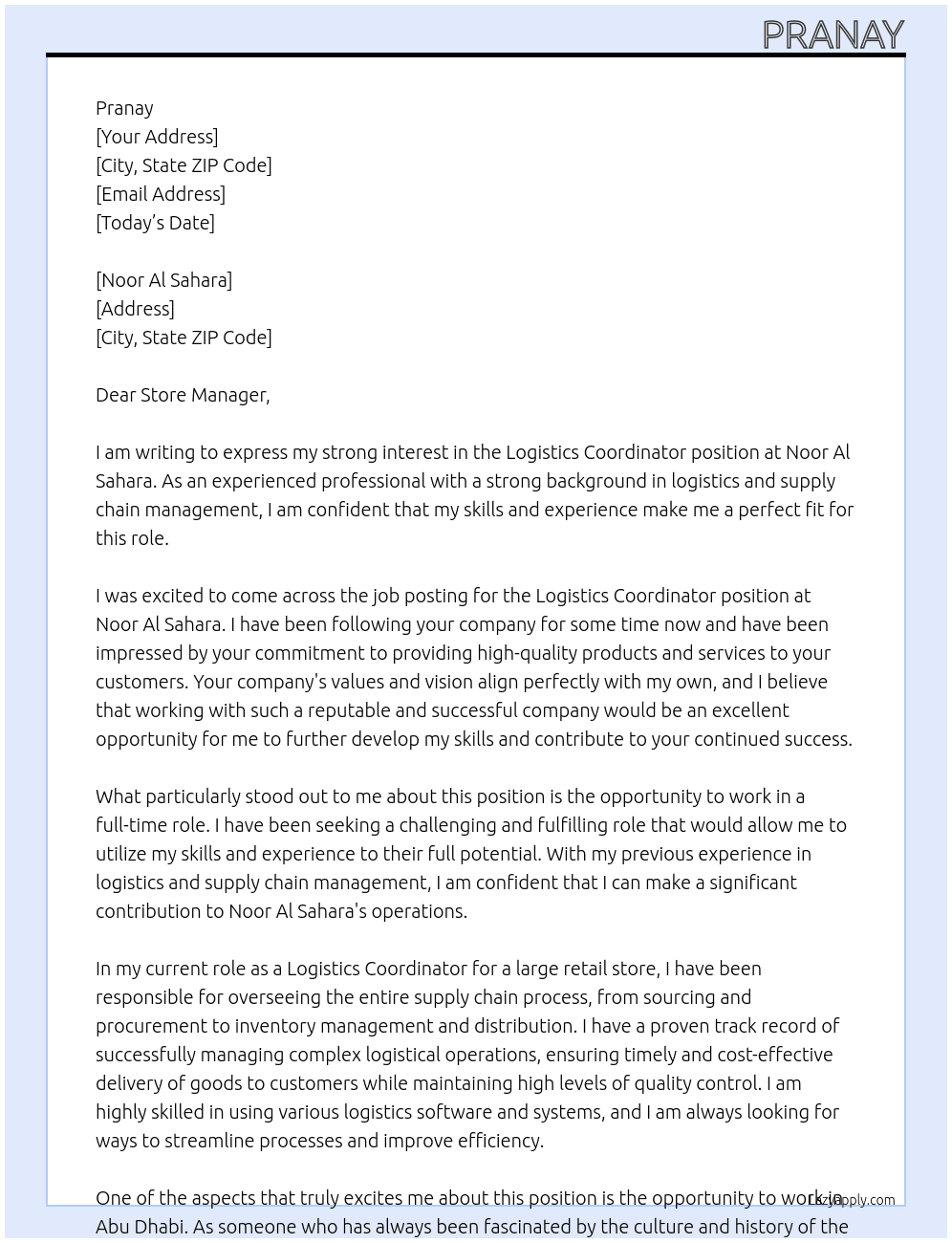 Logistics Coordinator At Noor Al Sahara Cover Letter