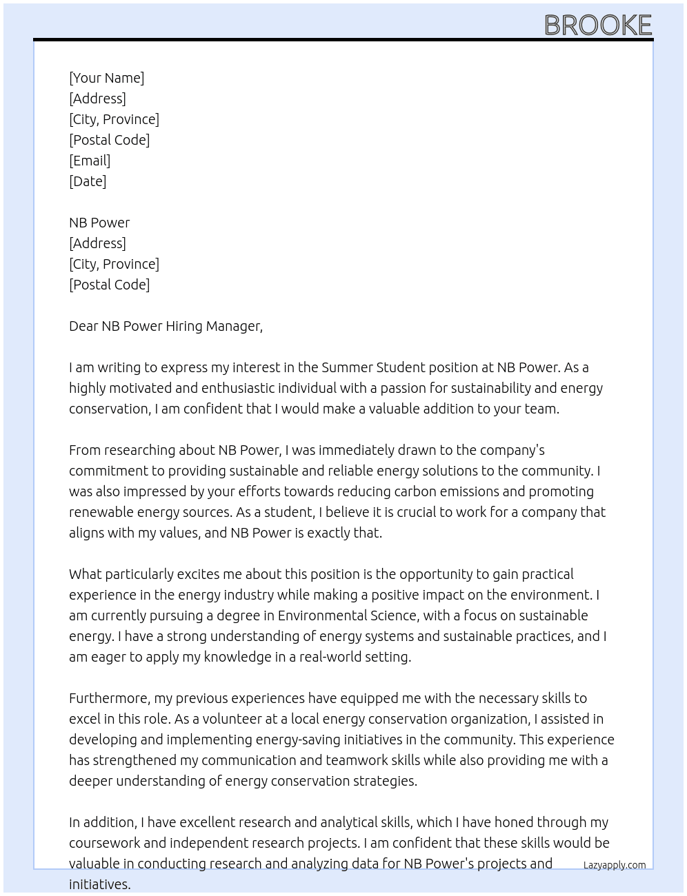 Summer Student  At nb power Cover Letter