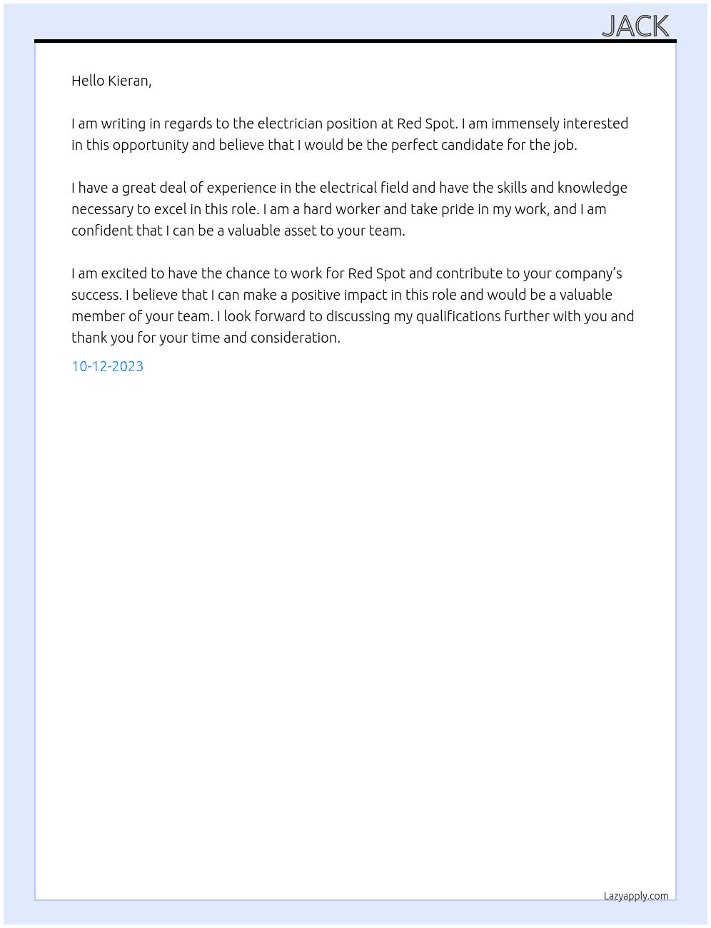 Electrician  At Red spot Cover Letter