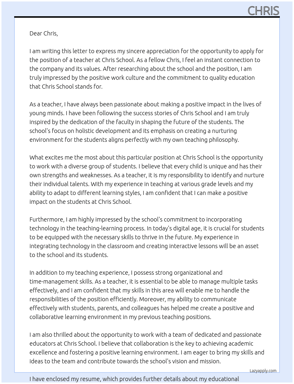 teacher At chris Cover Letter