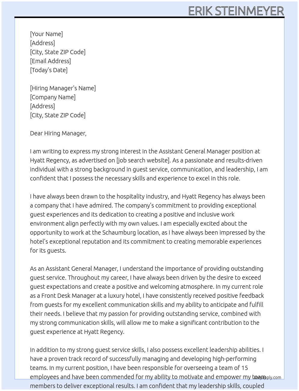 Assistant general manager At Hyatt Regency Cover Letter