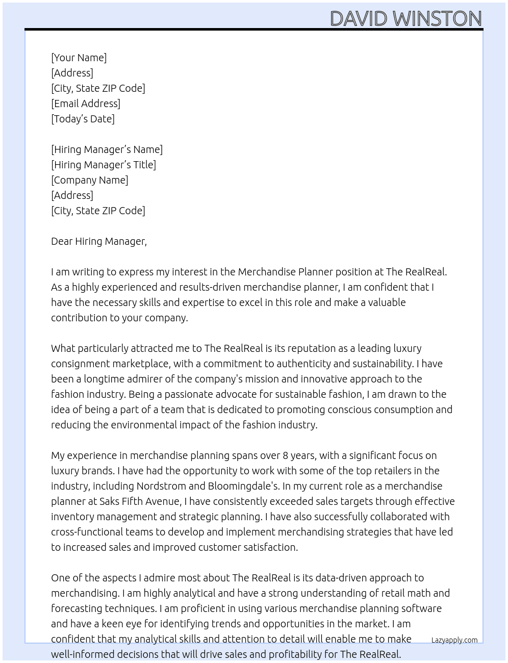 Merchandise Planner At The RealReal Cover Letter