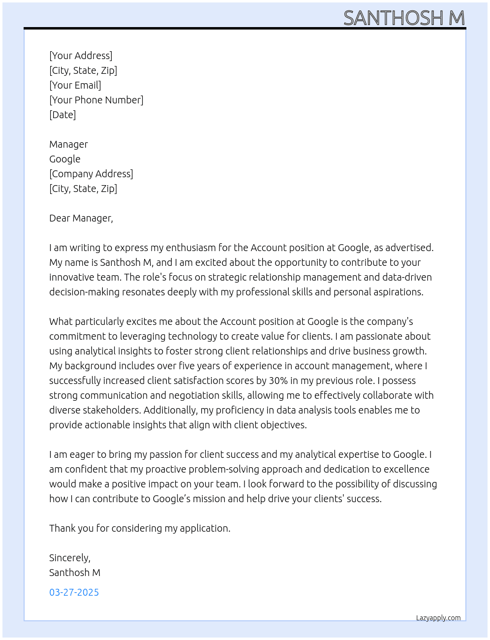 Cover letter for account - LazyApply