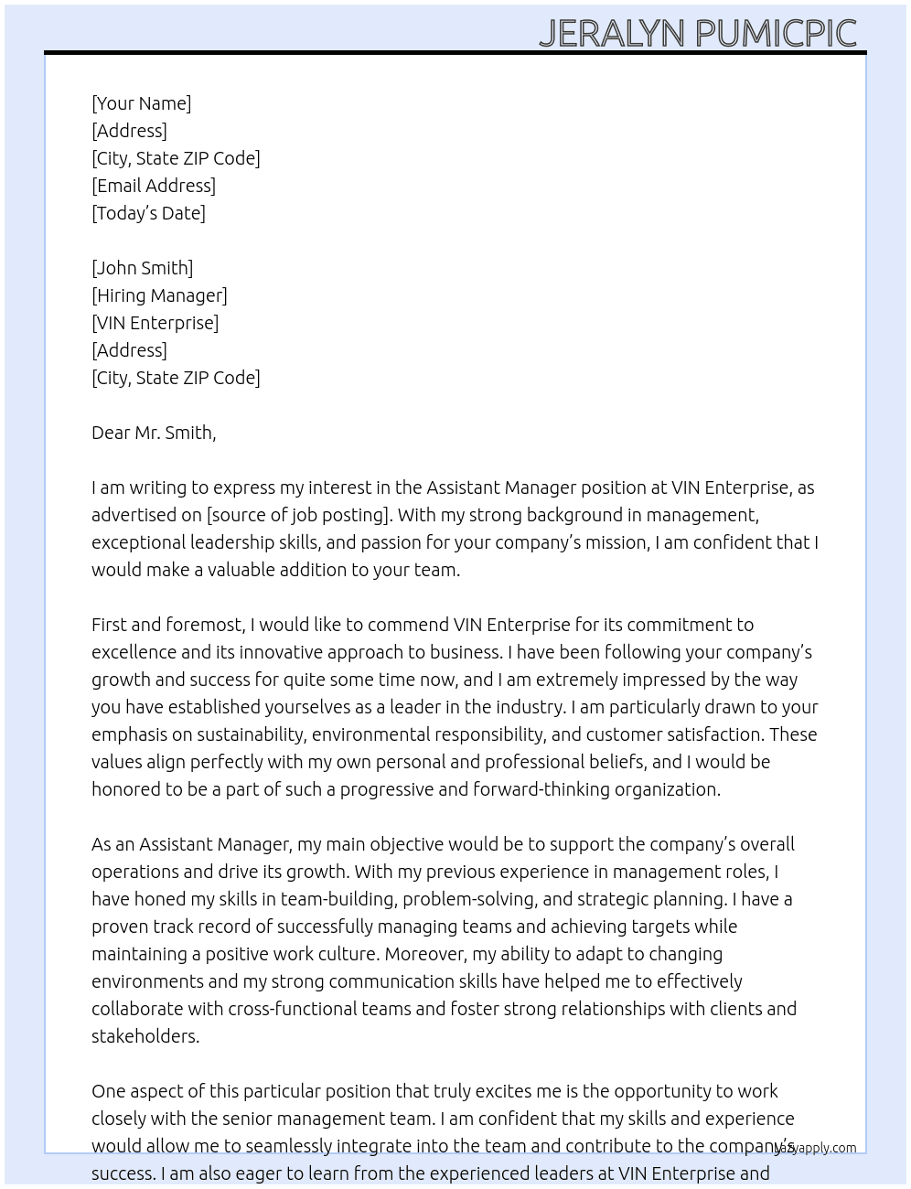 Assistant Manager At VIN Enterprise  Cover Letter