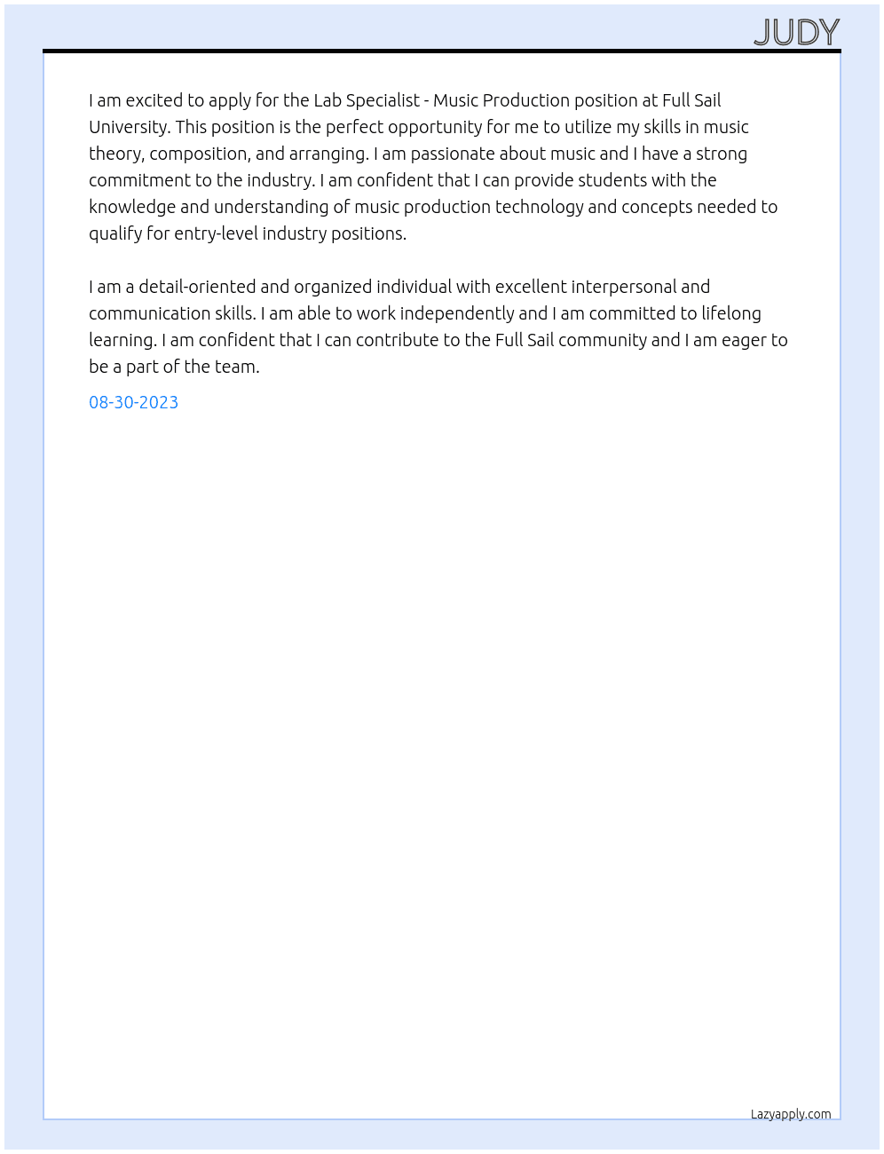 Lab Specialist Music Production At Full Sail University Cover Letter