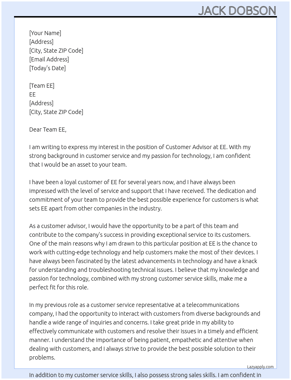 Customer Advisor At EE Cover Letter