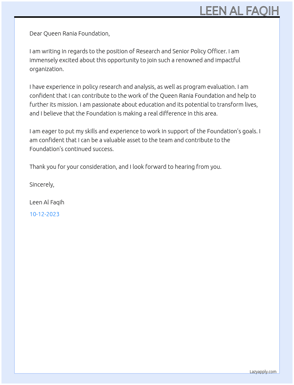 Research and Senior Policy Officer At Queen Rania Foundation  Cover Letter